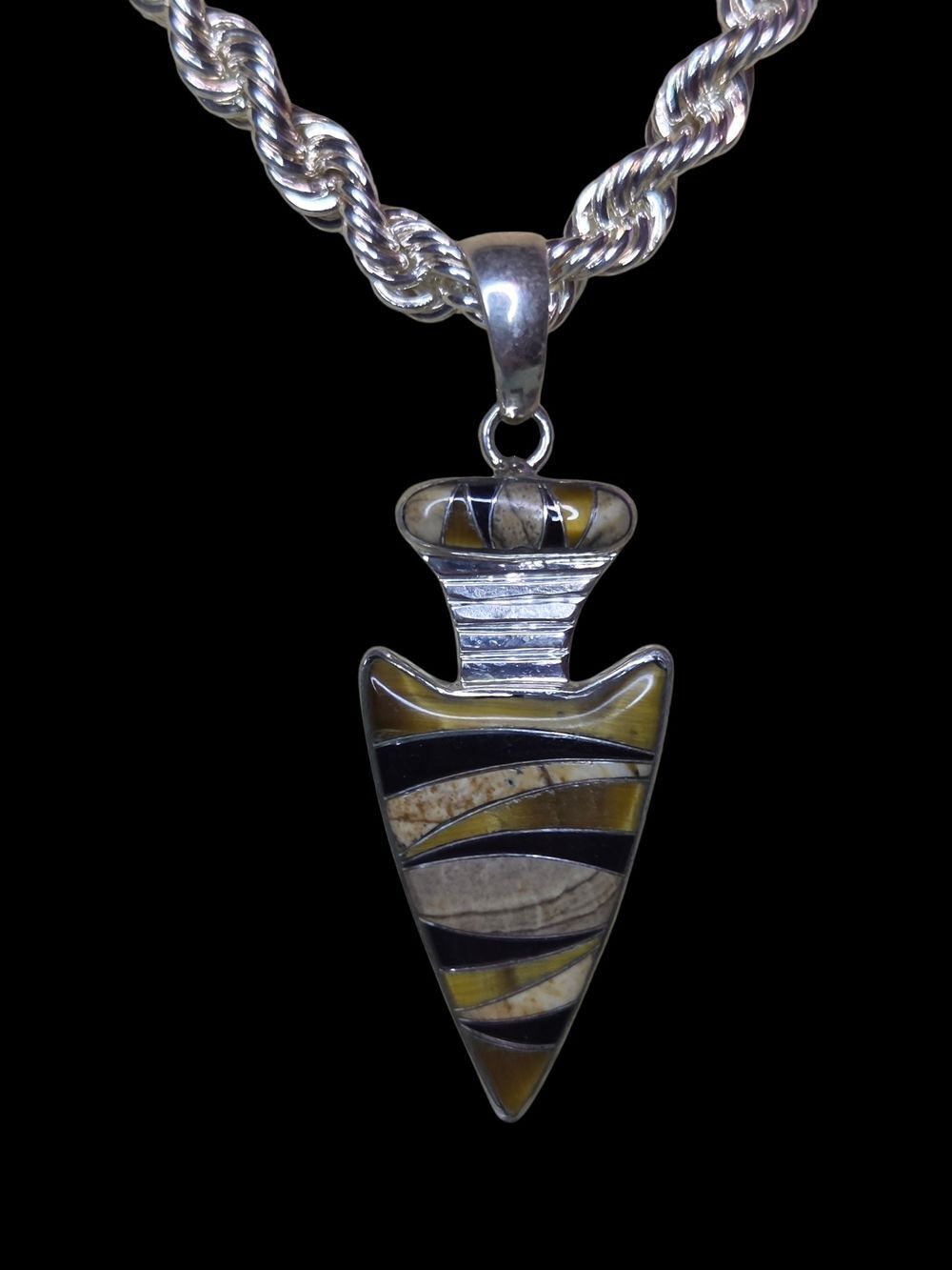 Sterling Silver Brown & Black Arrowhead Inlay Pendant - Southwest Style 925